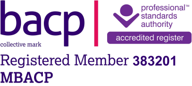 BACP logo, showing my registered member number: 383201, and accreditation by the Professional Standards Authority.